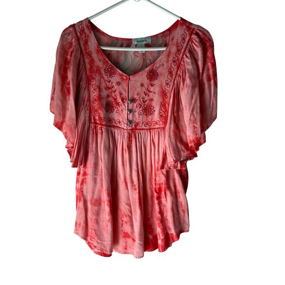 Dressbarn Y2k Size Medium Pink Rhinestone Lace Babydoll Flutter Sleeve Fairy Top - Picture 1 of 10
